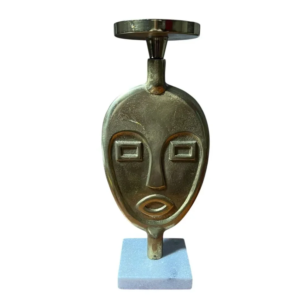Bronze Metal Abstract Face Pillar Candle Holder Marble Base India Modern Decor